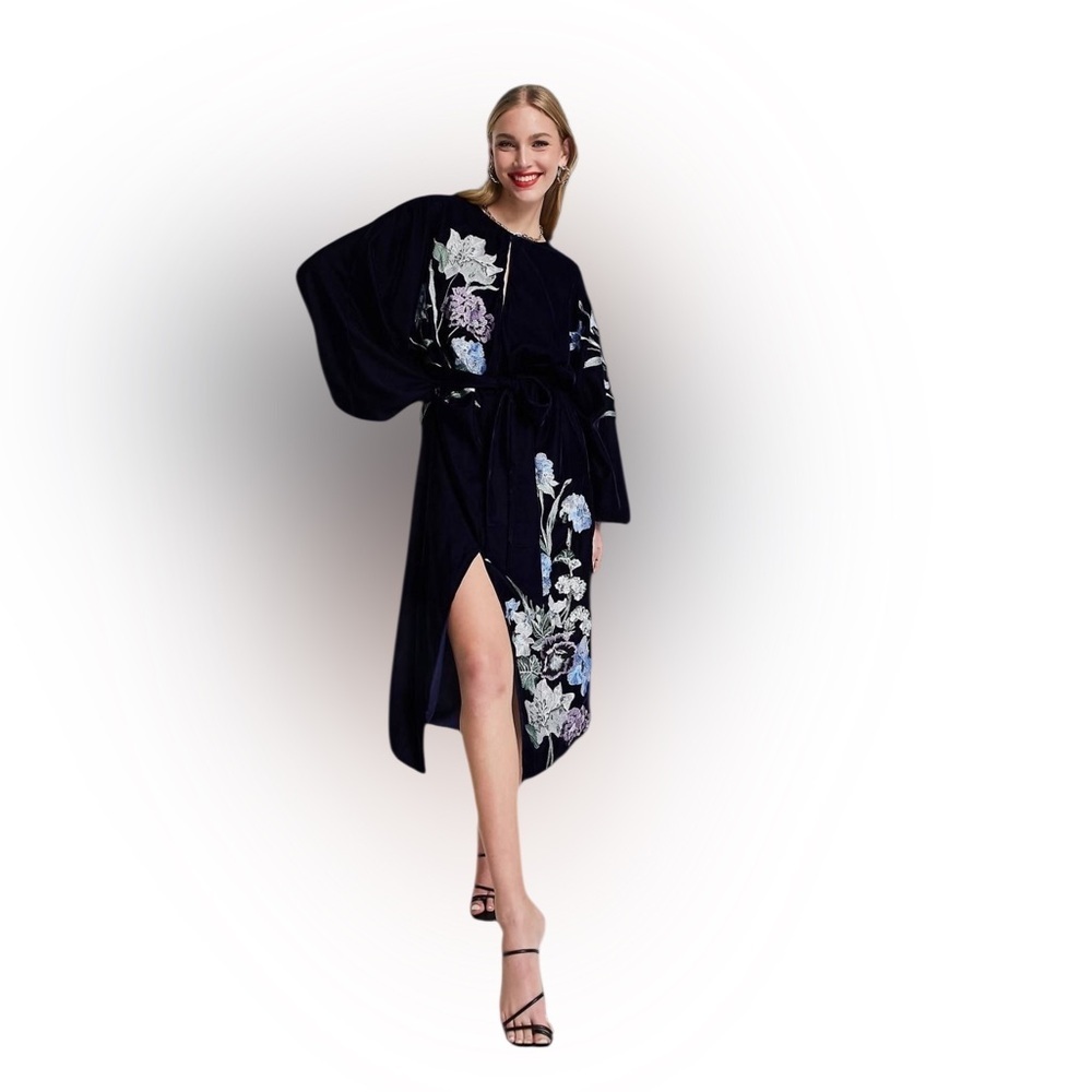 ASOS Navy Velvet Floral Embroidered Midi Dress Boho Luxe Long Sleeve Size 0 - Picture 3 of 14